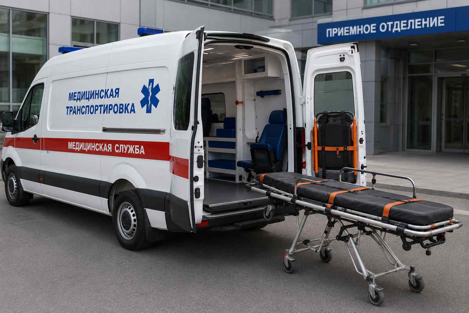 Автомобиль медицинской службы с открытыми дверями и каталкой у клиники — служба перевозки больных.